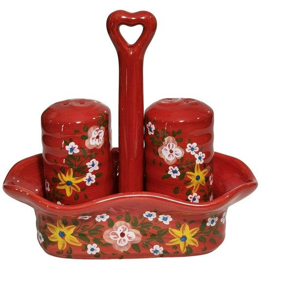 Handcrafted Ceramic Red Salt And Pepper Shakers With Caddy - Picture 1 of 16
